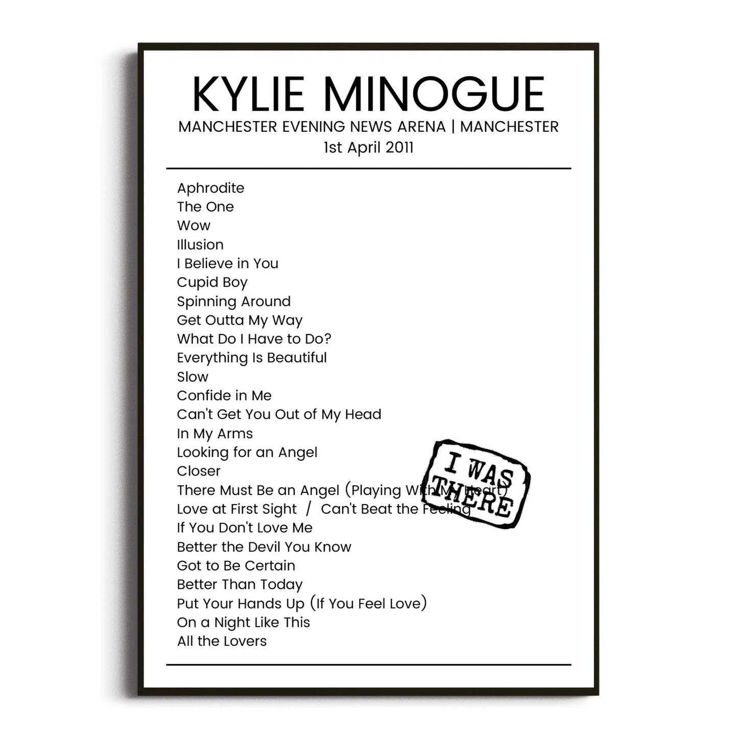 Kylie Minogue Manchester 01 April 2011 Setlist Poster