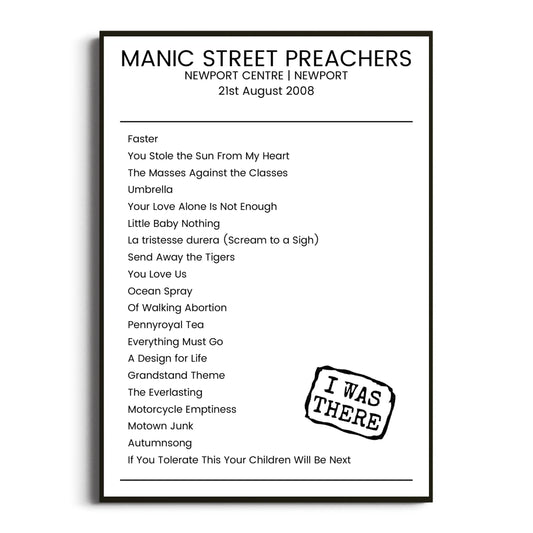 Manic Street Preachers Newport 21 August 2008 Setlist Poster