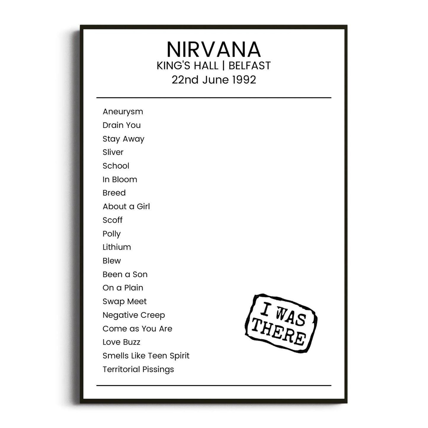 Nirvana Belfast 22 June 1992 Setlist Poster