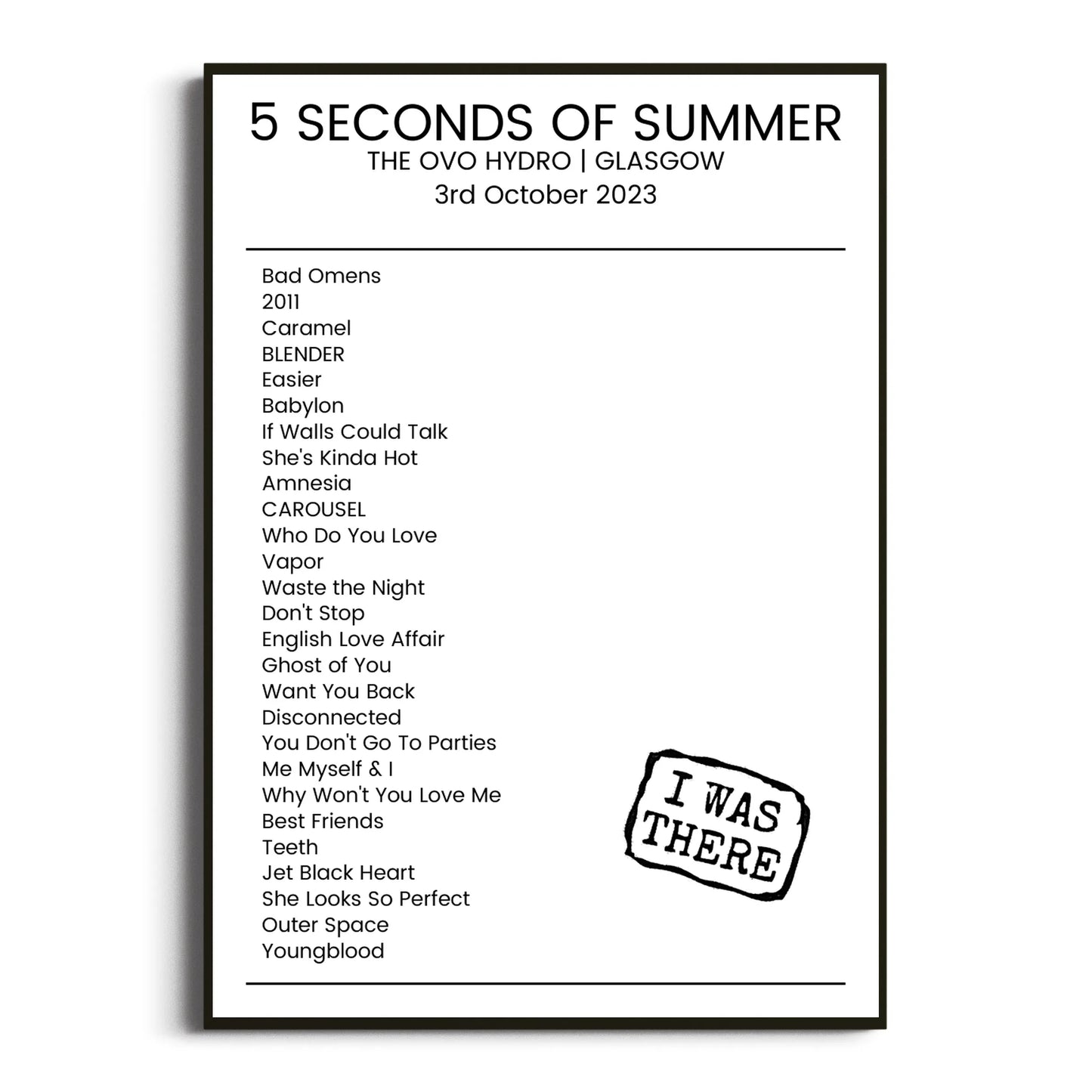 5 Seconds of Summer Glasgow 03 October 2023 Setlist Poster