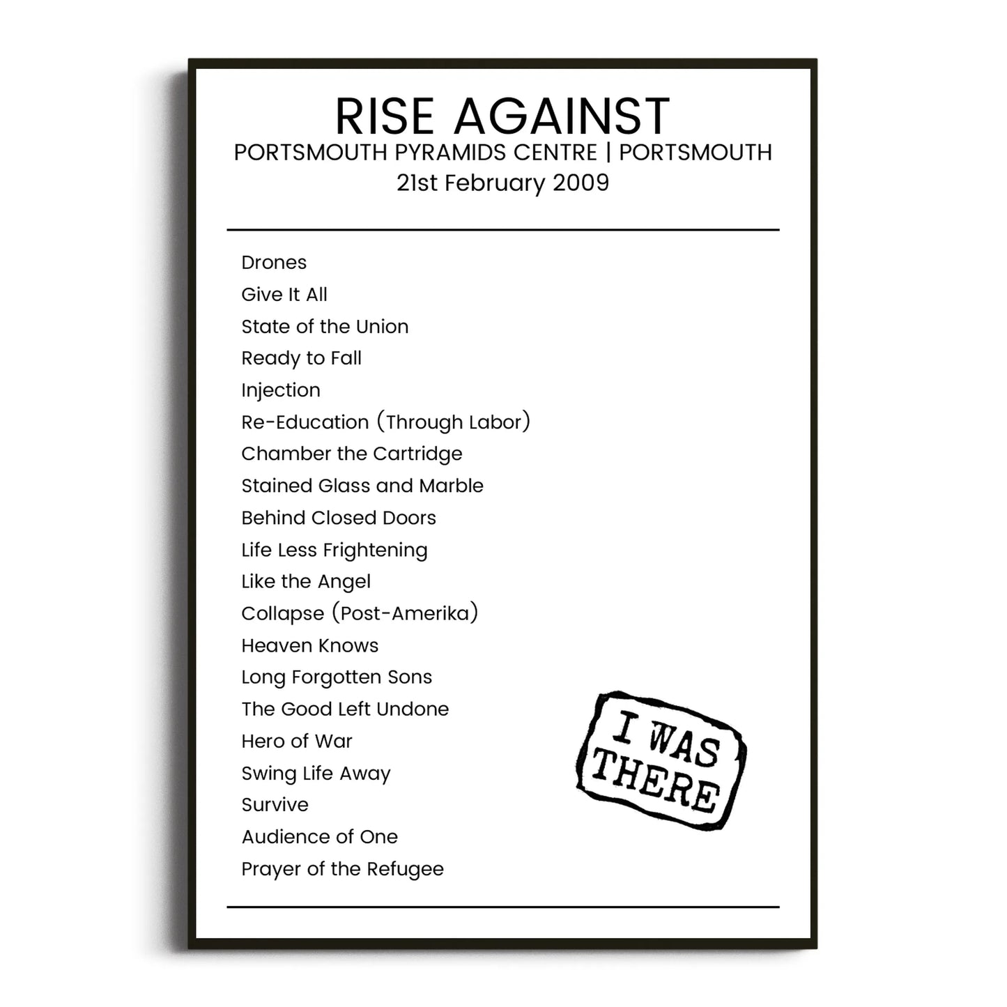 Rise Against Portsmouth 21 February 2009 Setlist Poster