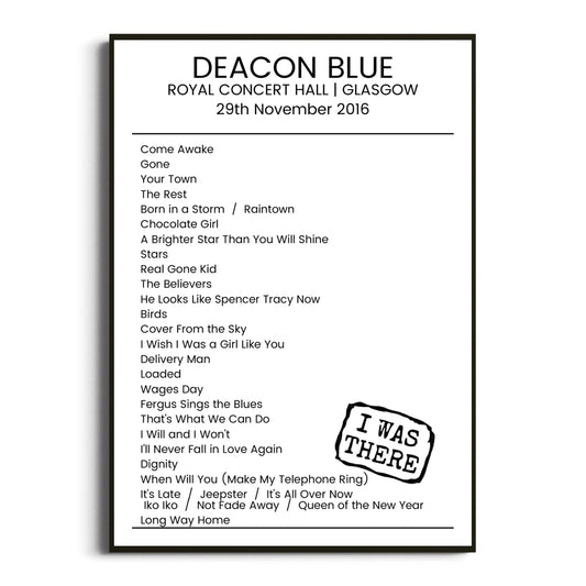 Deacon Blue Glasgow 29 November 2016 Setlist Poster