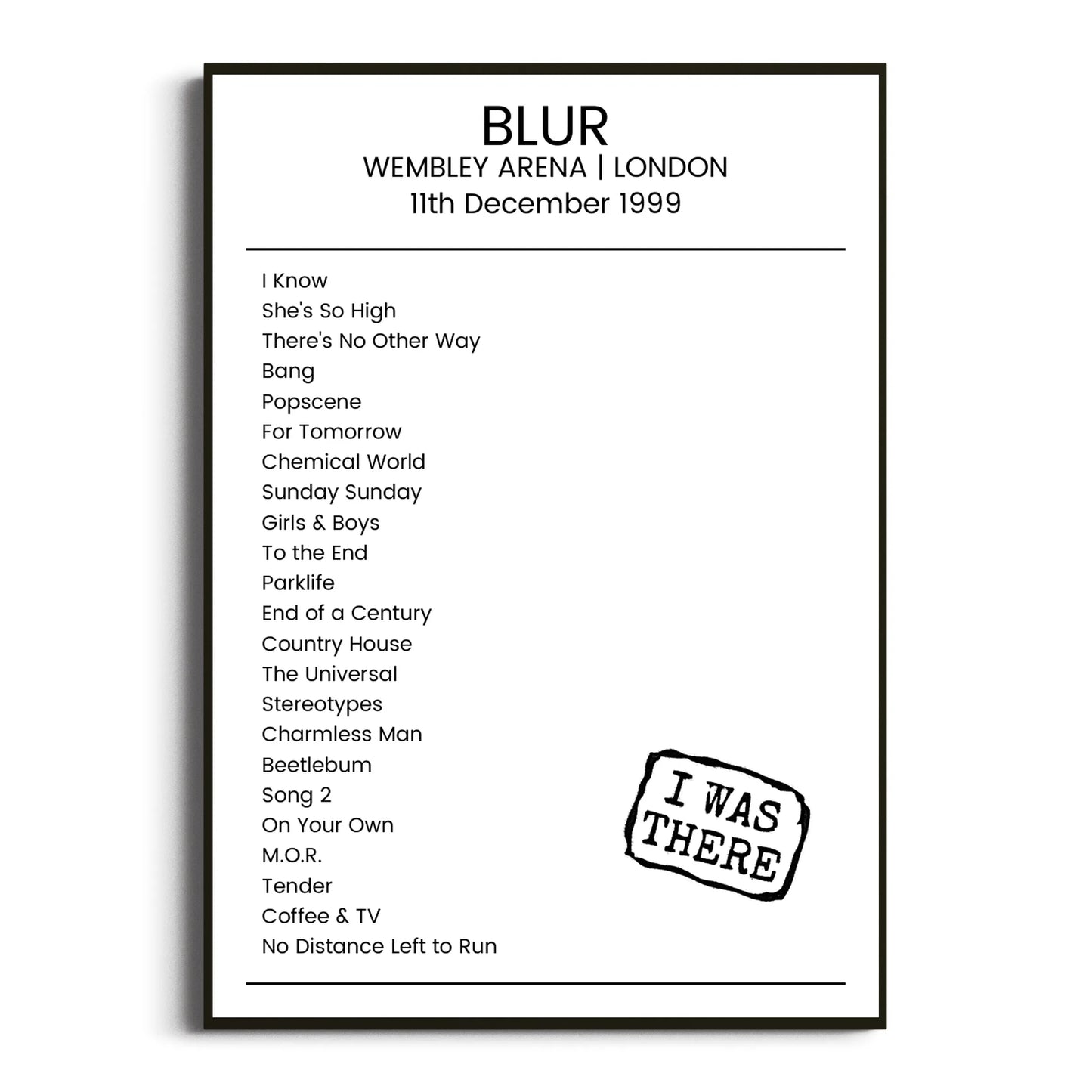 Blur London 11 December 1999 Setlist Poster