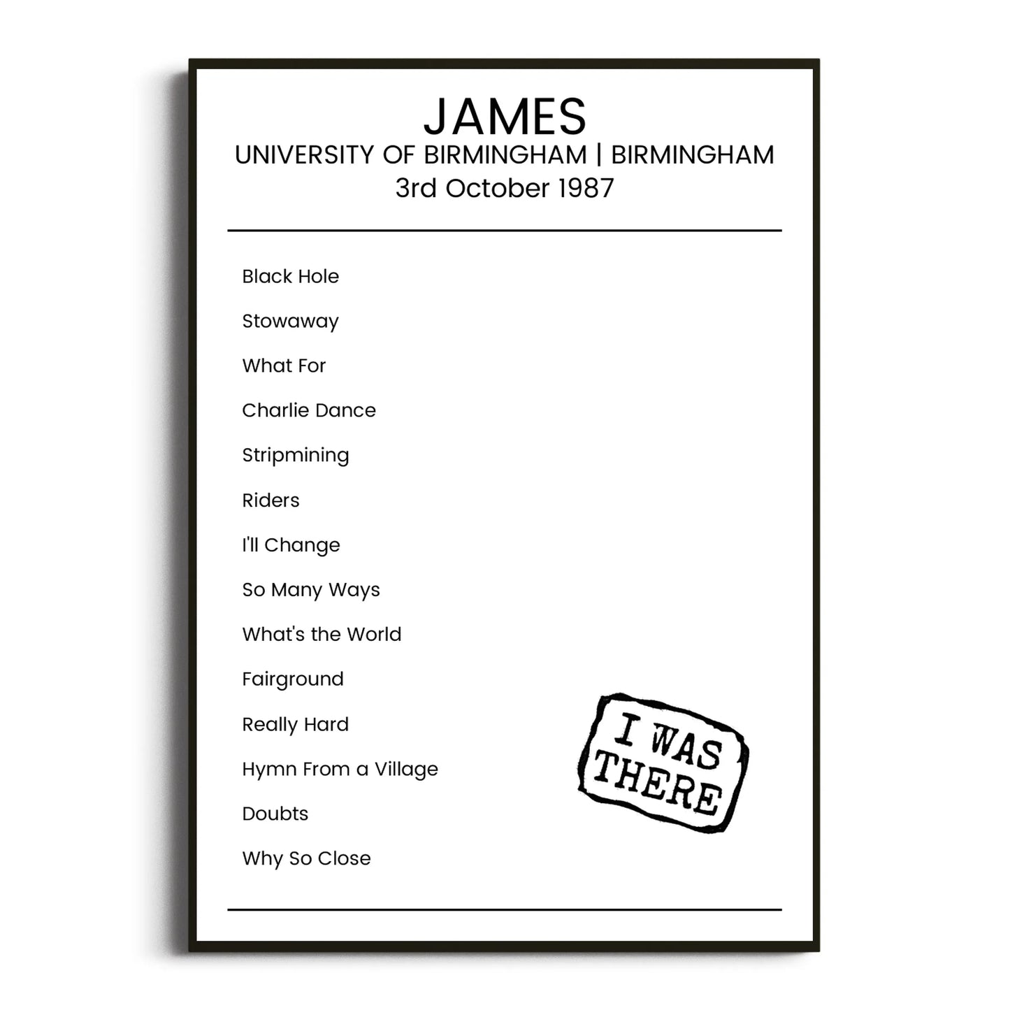 James Birmingham 03 October 1987 Setlist Poster