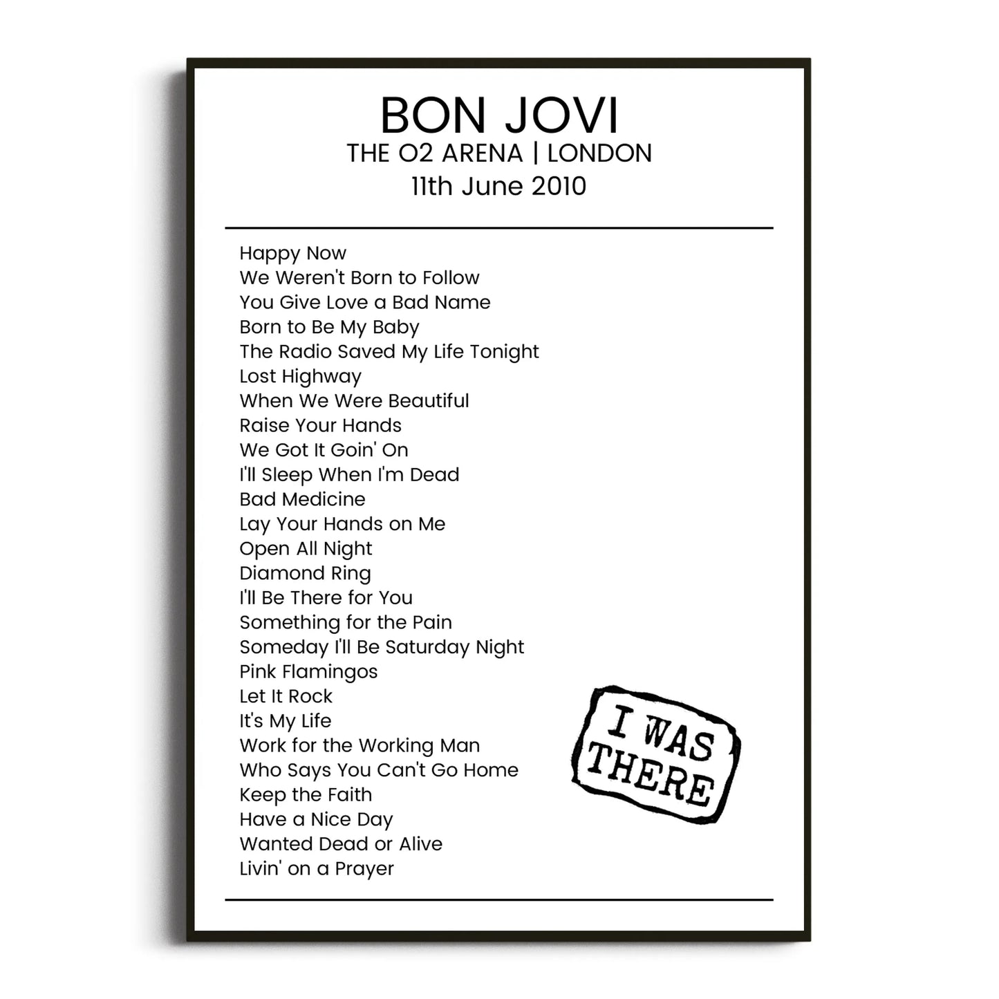 Bon Jovi London 11 June 2010 Setlist Poster