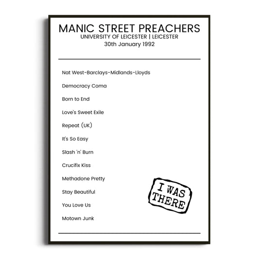 Manic Street Preachers Leicester 30 January 1992 Setlist Poster