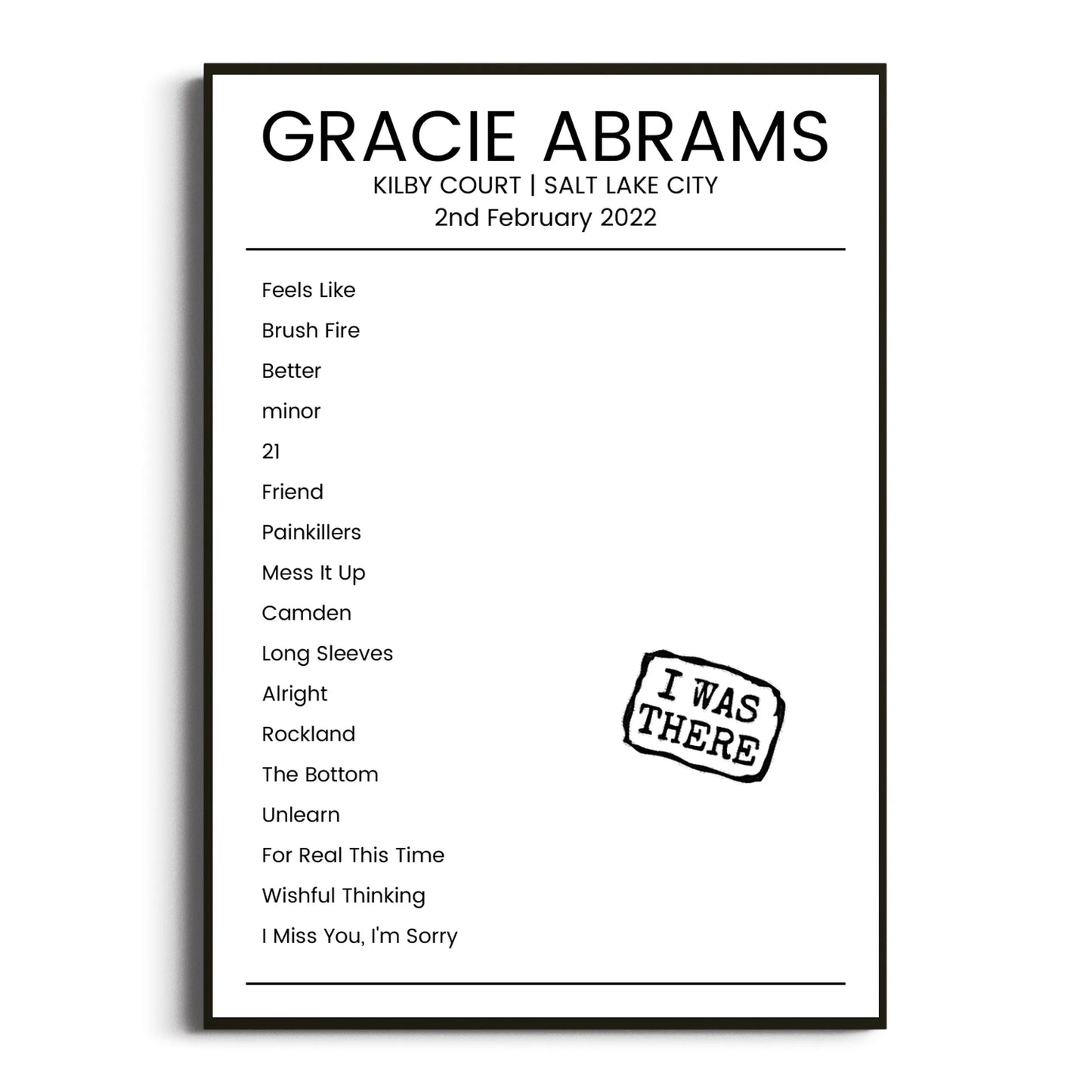 Gracie Abrams Salt Lake City 02 February 2022 Setlist Poster