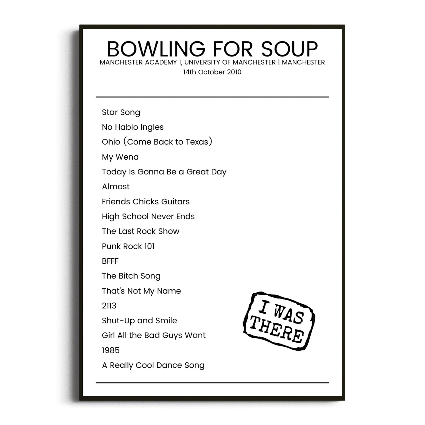 Bowling for Soup Manchester 14 October 2010 Setlist Poster