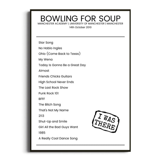 Bowling for Soup Manchester 14 October 2010 Setlist Poster