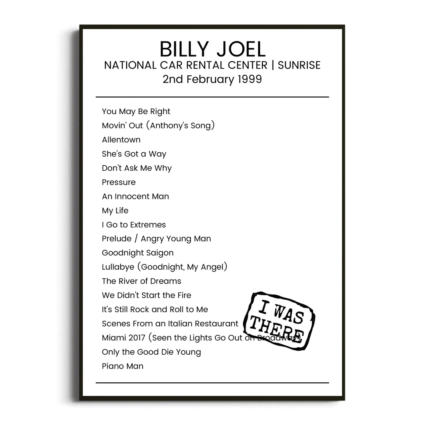 Billy Joel Sunrise 02 February 1999 Setlist Poster