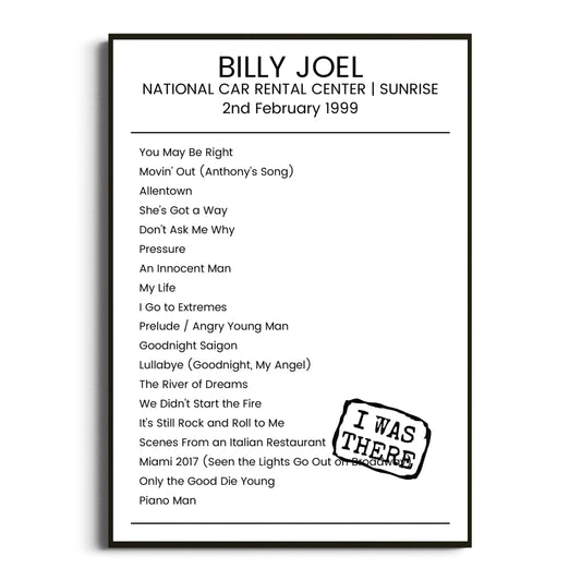 Billy Joel Sunrise 02 February 1999 Setlist Poster