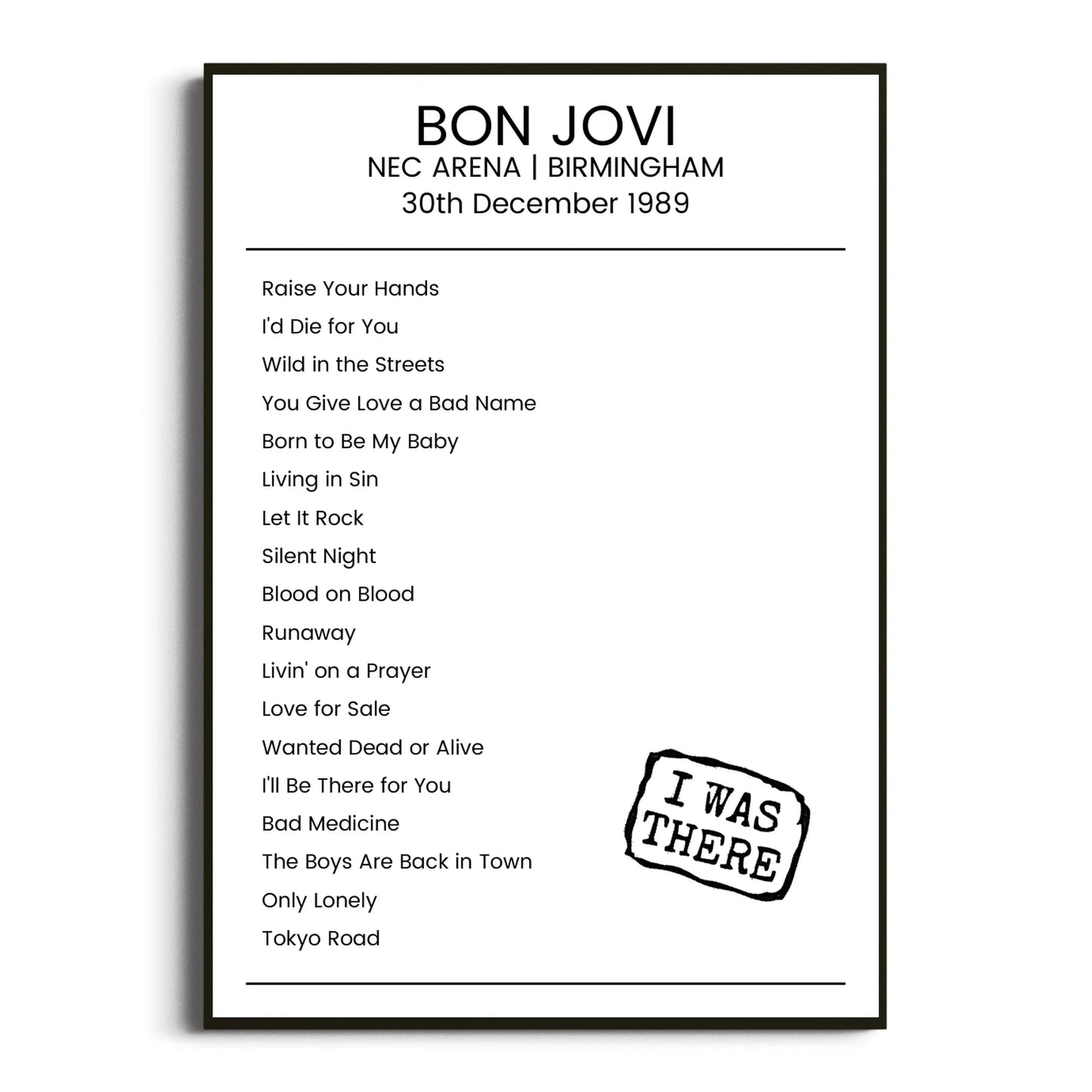 Bon Jovi Birmingham 30 December 1989 Setlist Poster