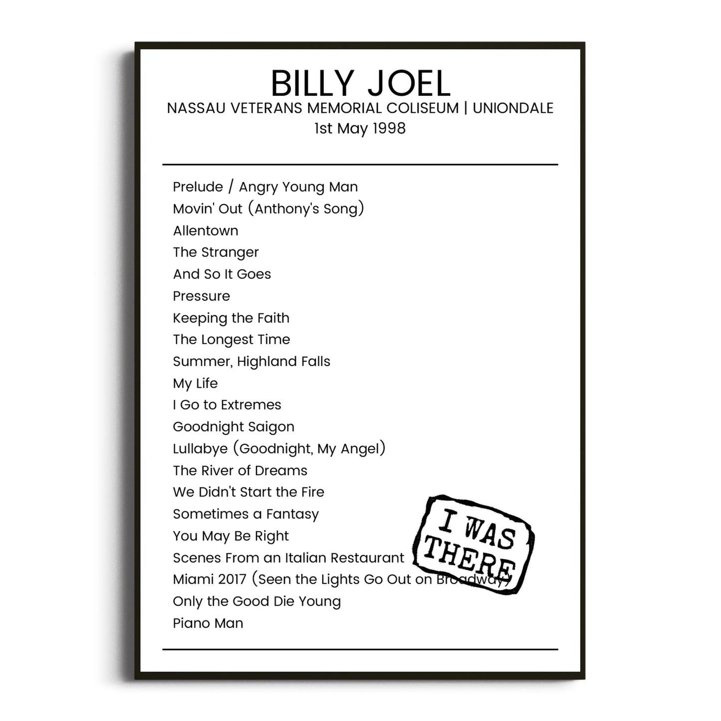 Billy Joel Uniondale 01 May 1998 Setlist Poster