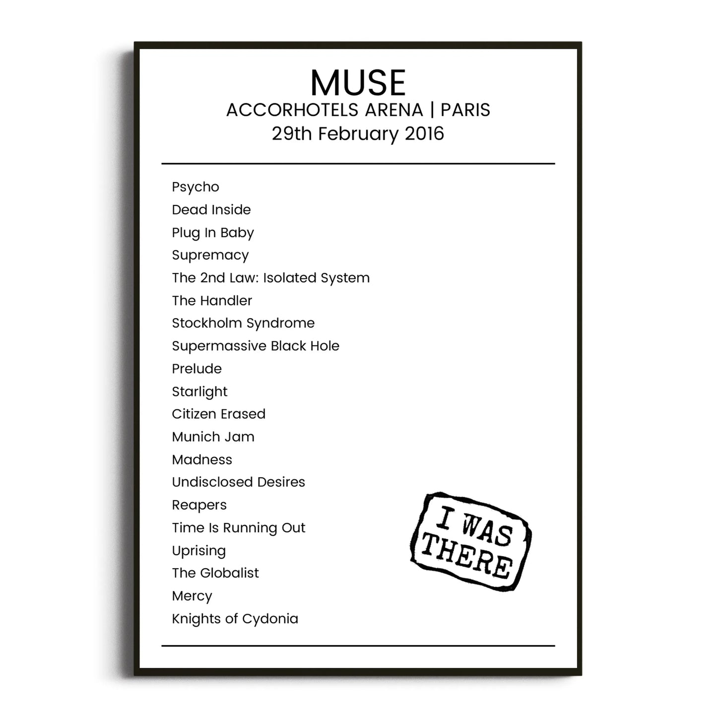 Muse Paris 29 February 2016 Setlist Poster