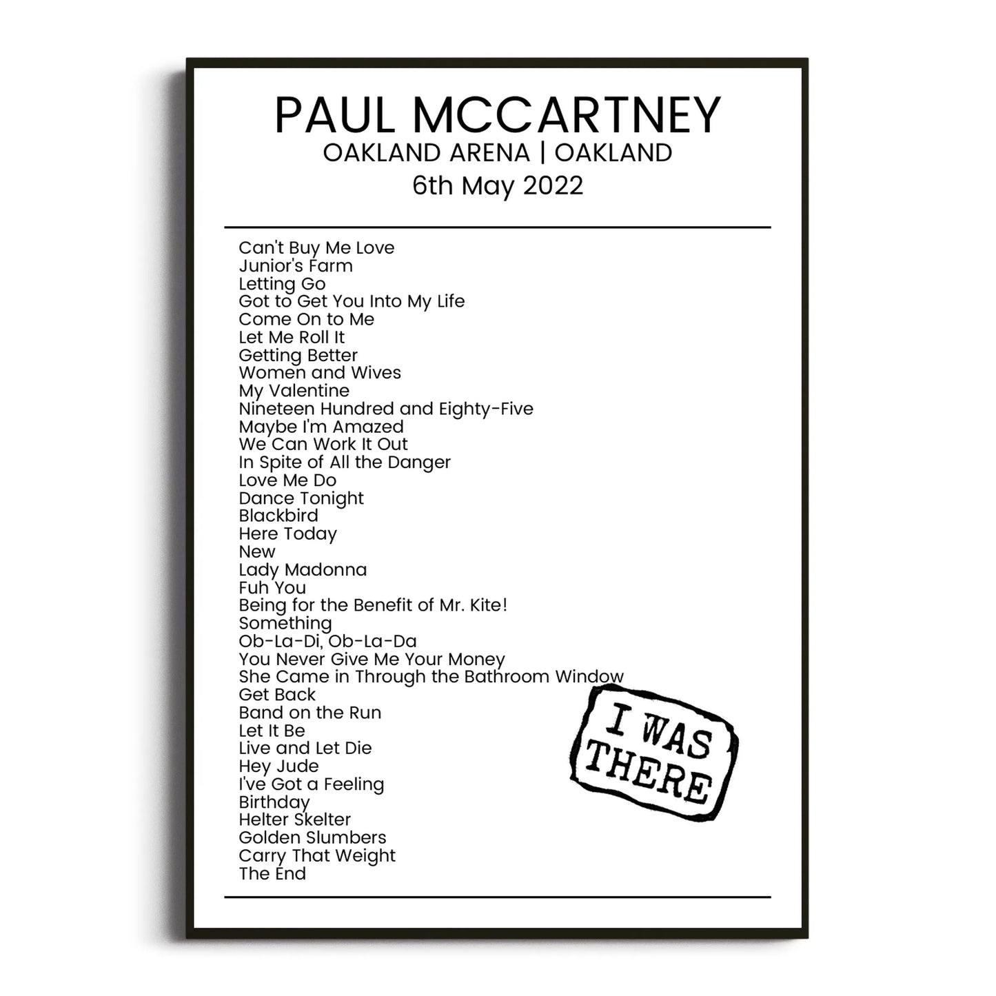 Paul McCartney Oakland 06 May 2022 Setlist Poster