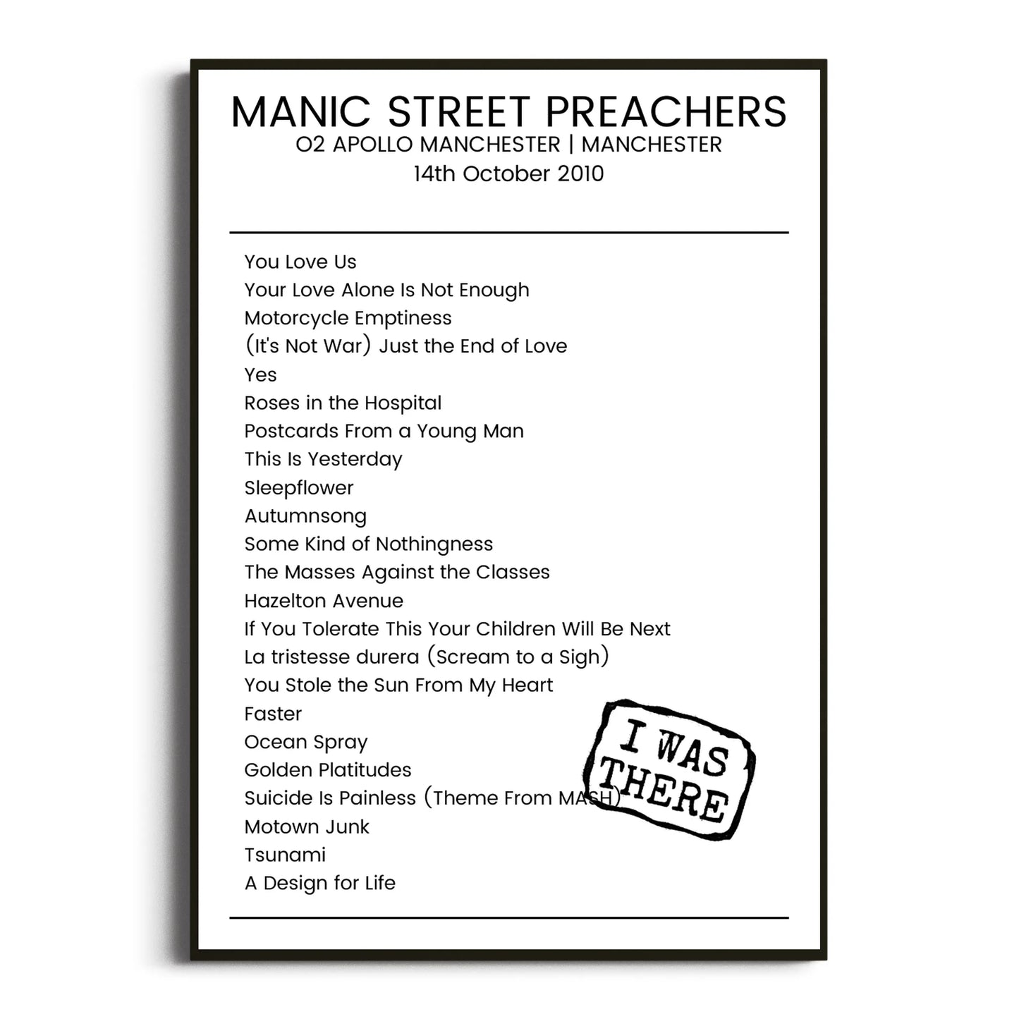 Manic Street Preachers Manchester 14 October 2010 Setlist Poster