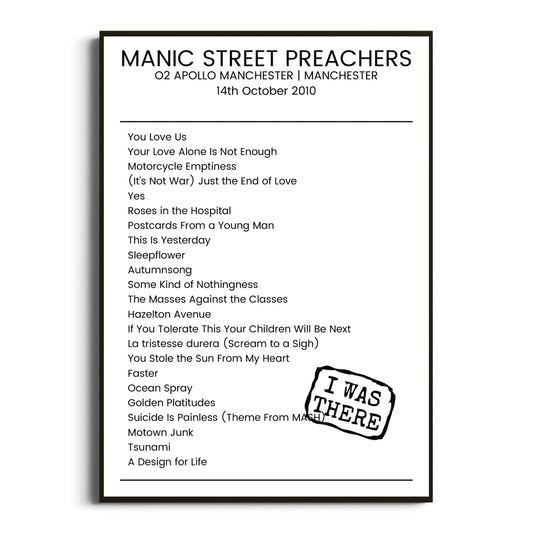 Manic Street Preachers Manchester 14 October 2010 Setlist Poster