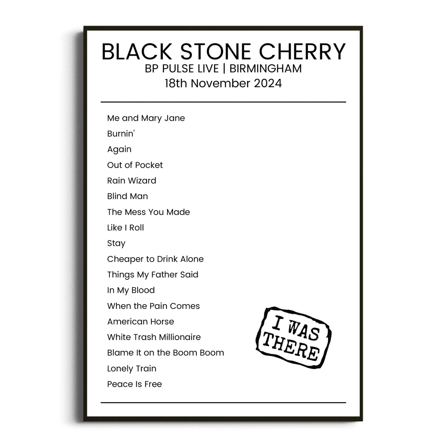 Black Stone Cherry Birmingham 18 November 2024 Setlist Poster