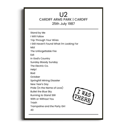 U2 Cardiff 25 July 1987 Setlist Poster