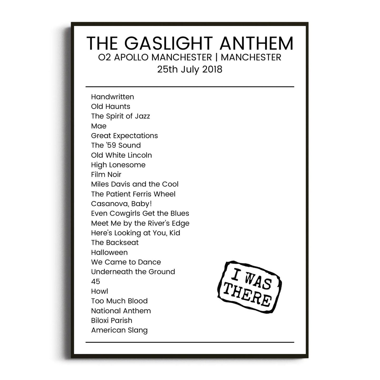 The Gaslight Anthem Manchester 25 July 2018 Setlist Poster