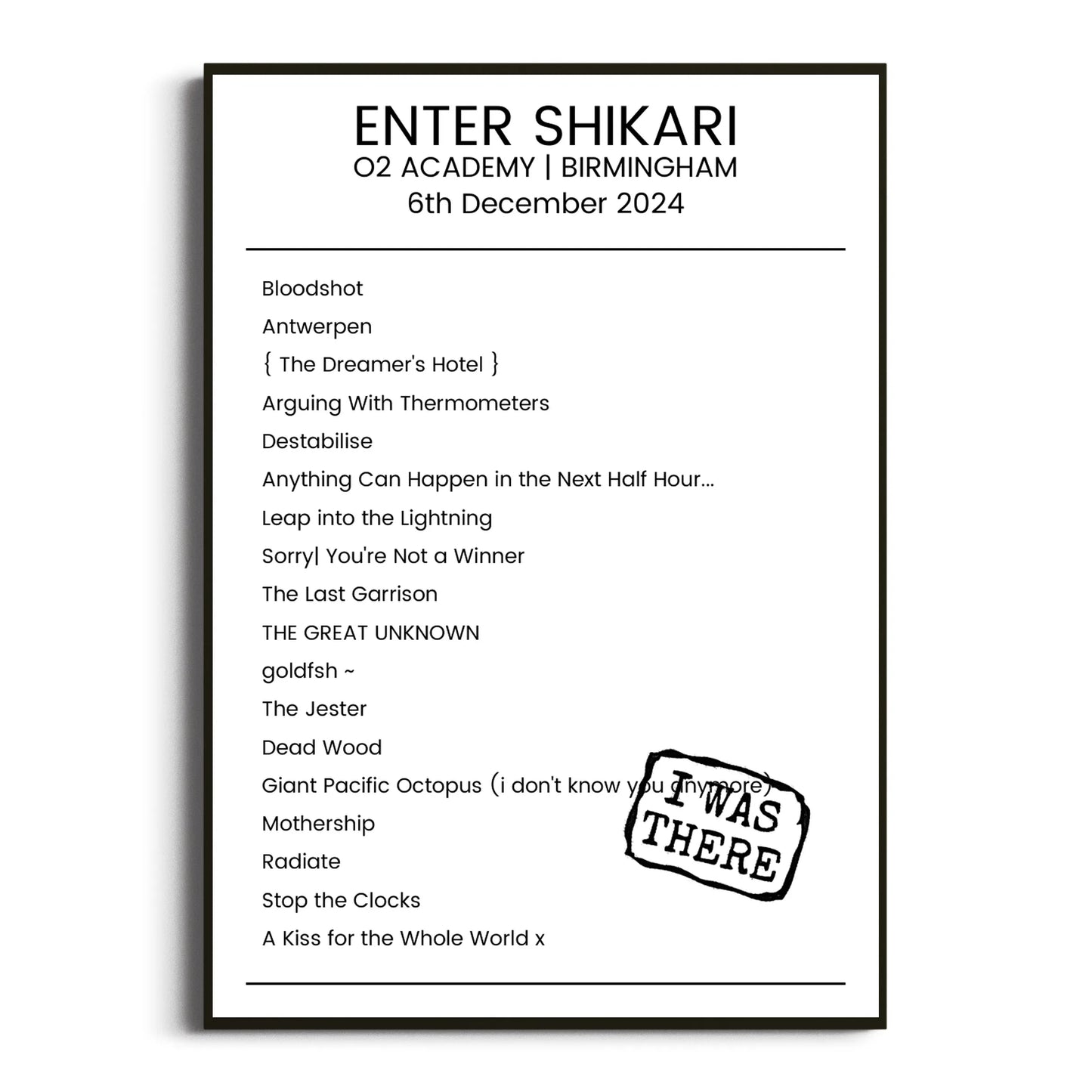 Enter Shikari Birmingham 06 December 2024 Setlist Poster