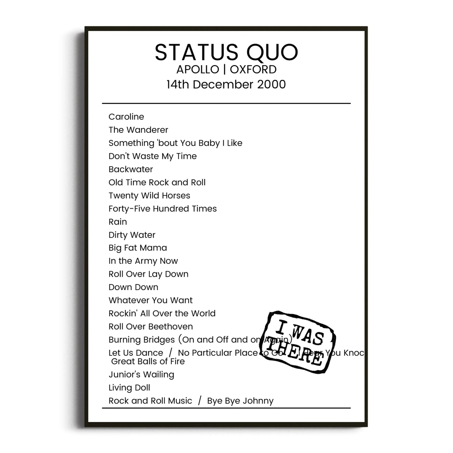 Status Quo Oxford 14 December 2000 Setlist Poster