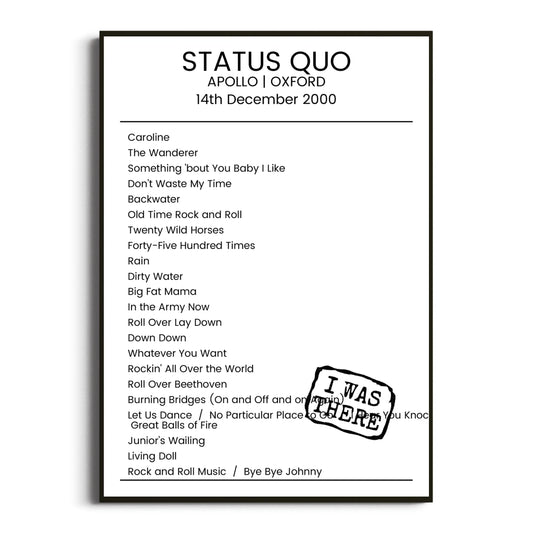 Status Quo Oxford 14 December 2000 Setlist Poster