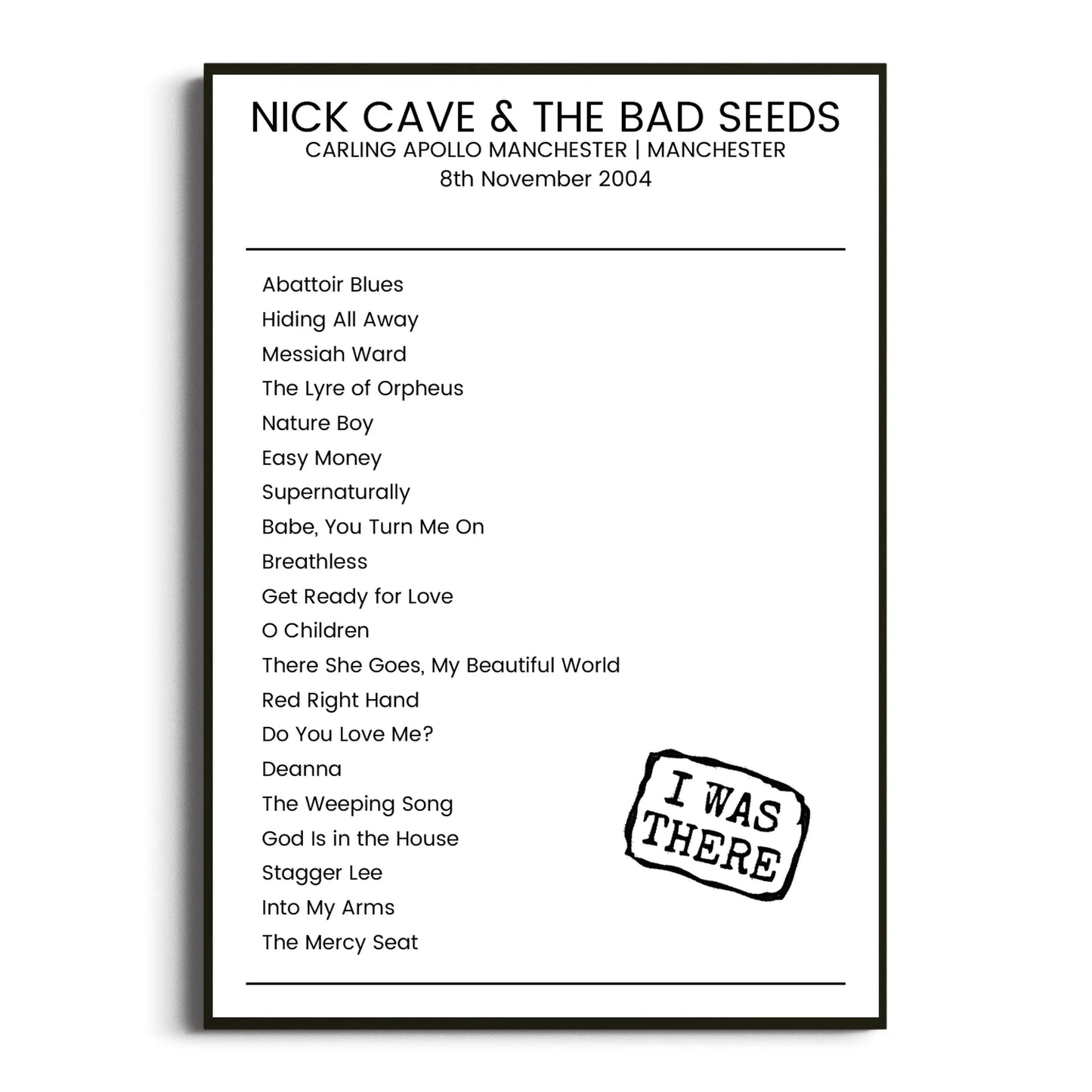 Nick Cave & the Bad Seeds Manchester 08 November 2004 Setlist Poster