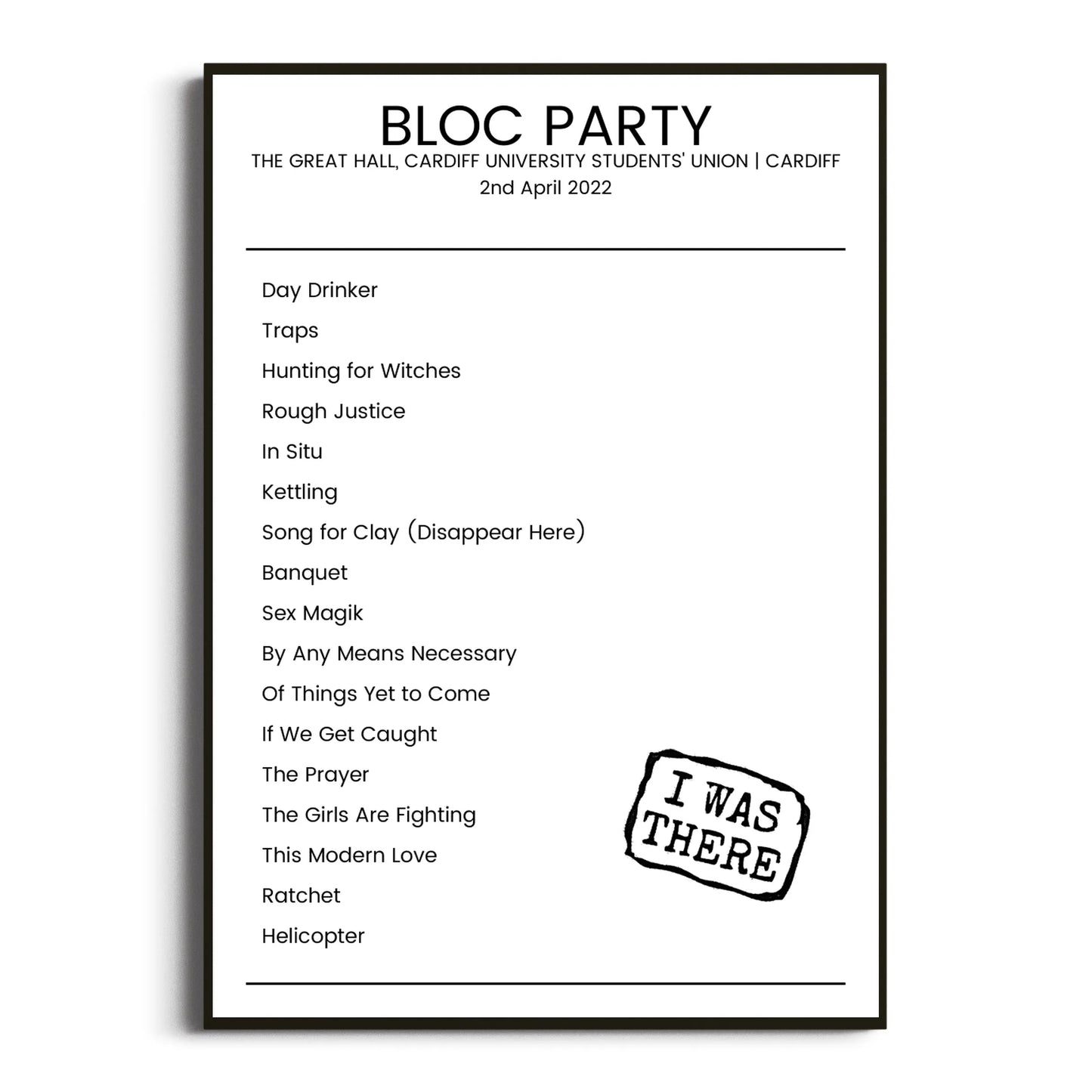 Bloc Party Cardiff 02 April 2022 Setlist Poster