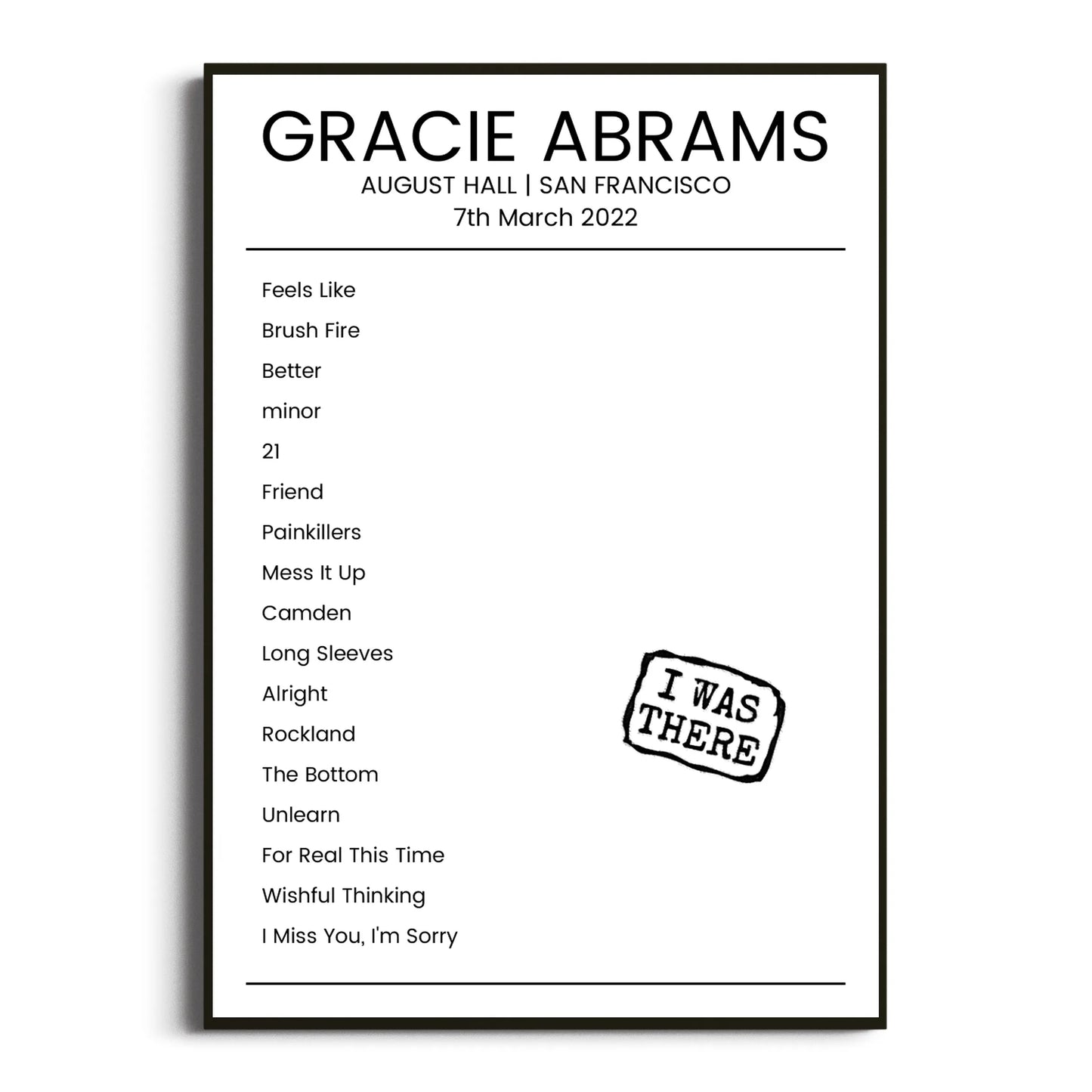 Gracie Abrams San Francisco 07 March 2022 Setlist Poster