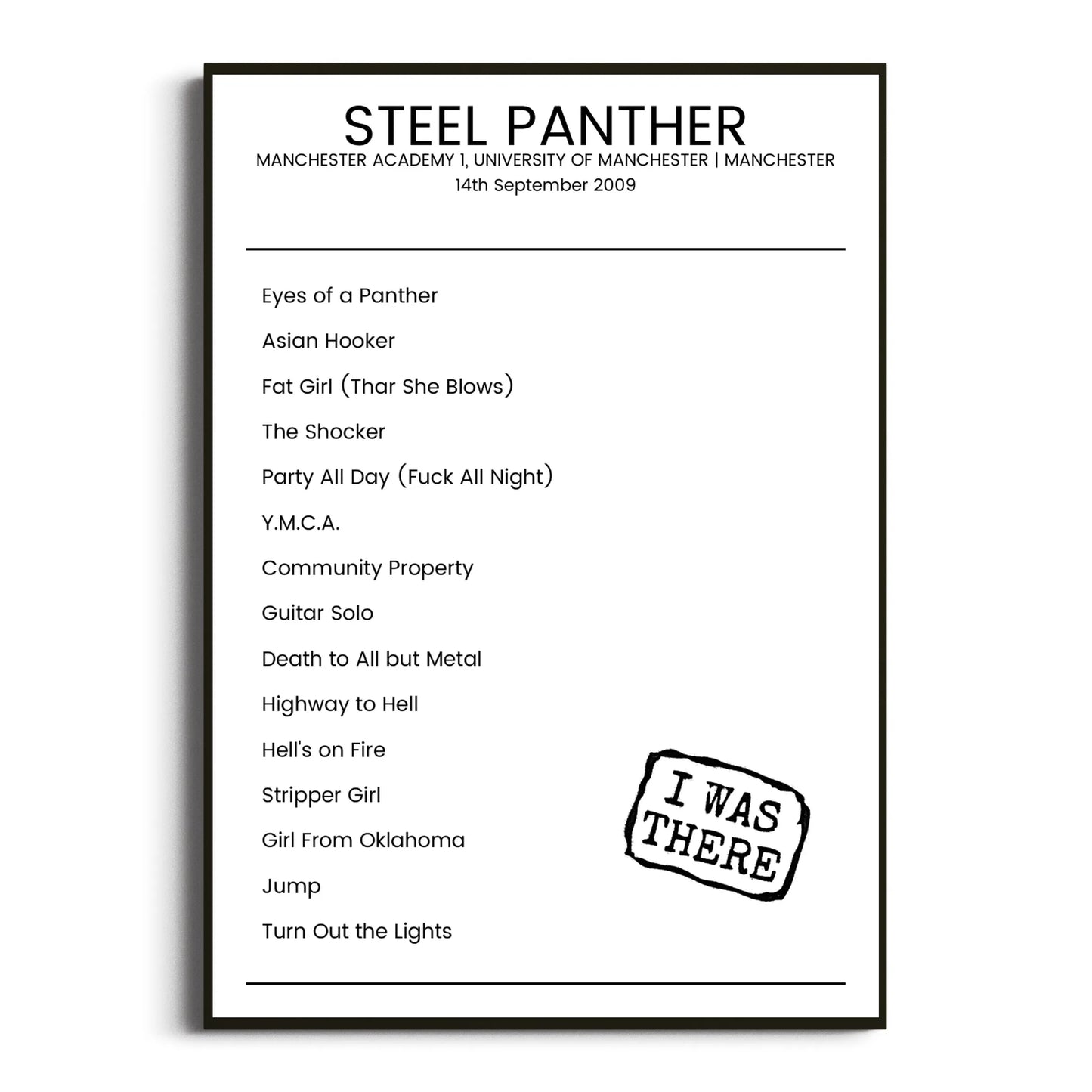 Steel Panther Manchester 14 September 2009 Setlist Poster