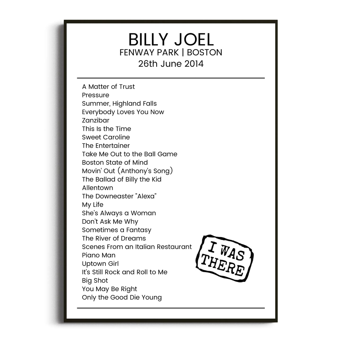 Billy Joel Boston 26 June 2014 Setlist Poster