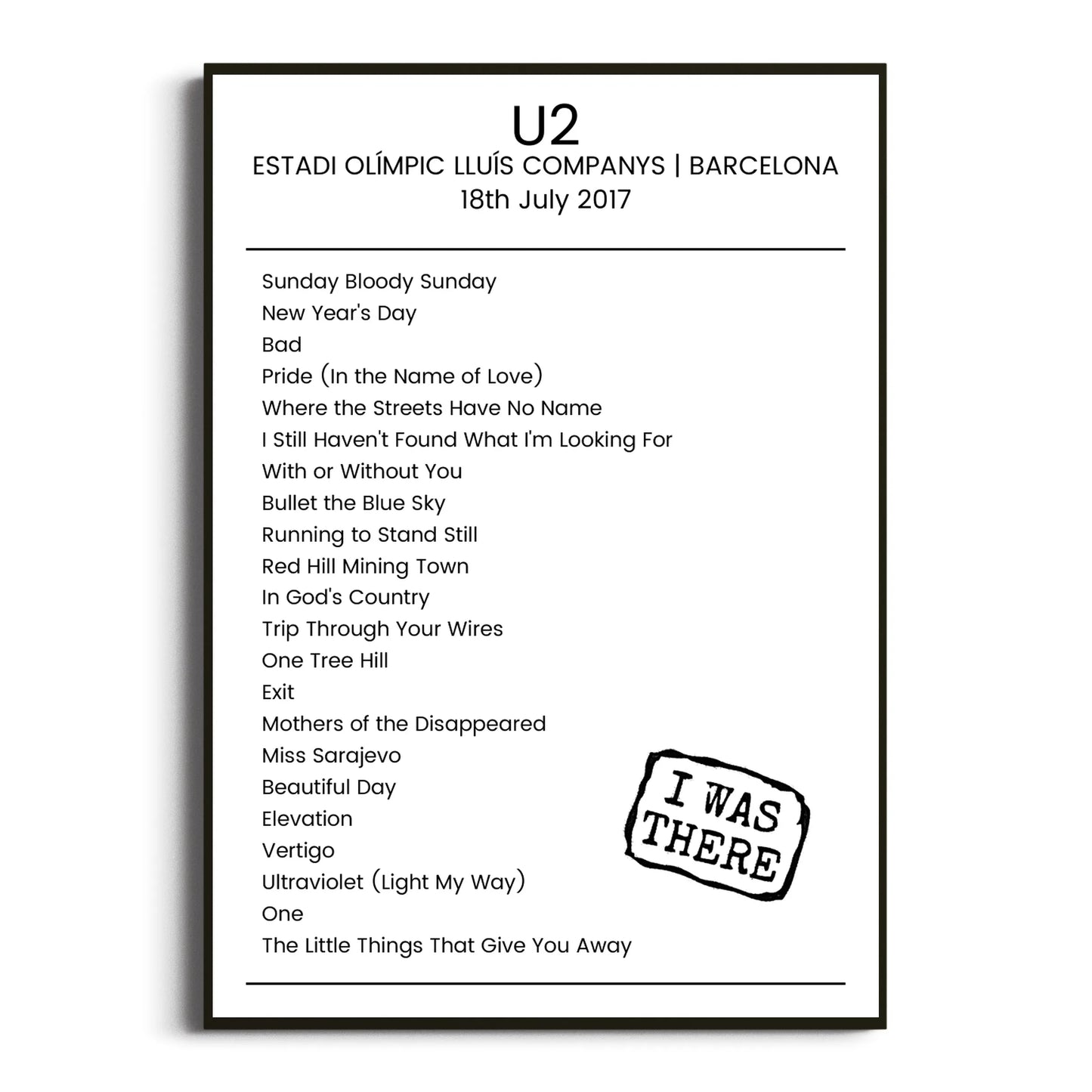 U2 Barcelona 18 July 2017 Setlist Poster