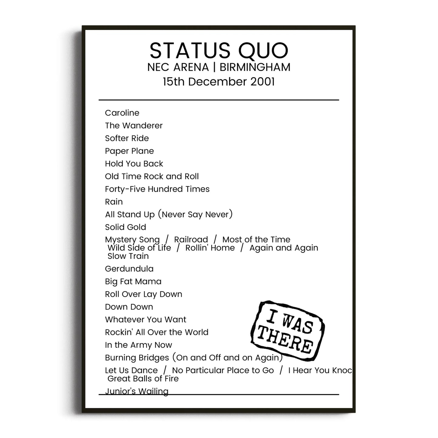 Status Quo Birmingham 15 December 2001 Setlist Poster