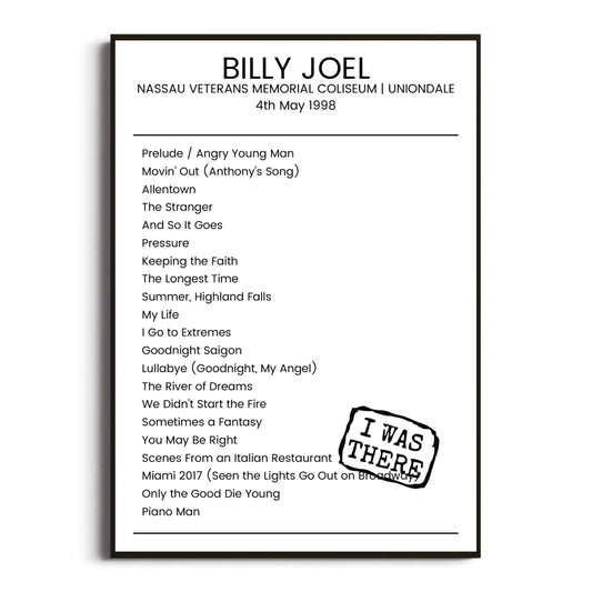 Billy Joel Uniondale 04 May 1998 Setlist Poster