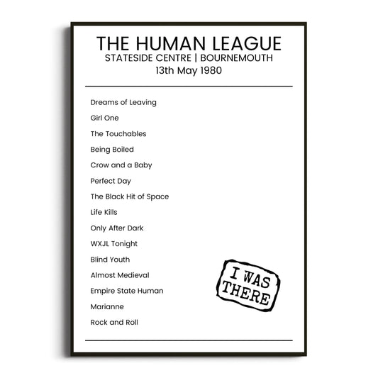 The Human League Bournemouth 13 May 1980 Setlist Poster