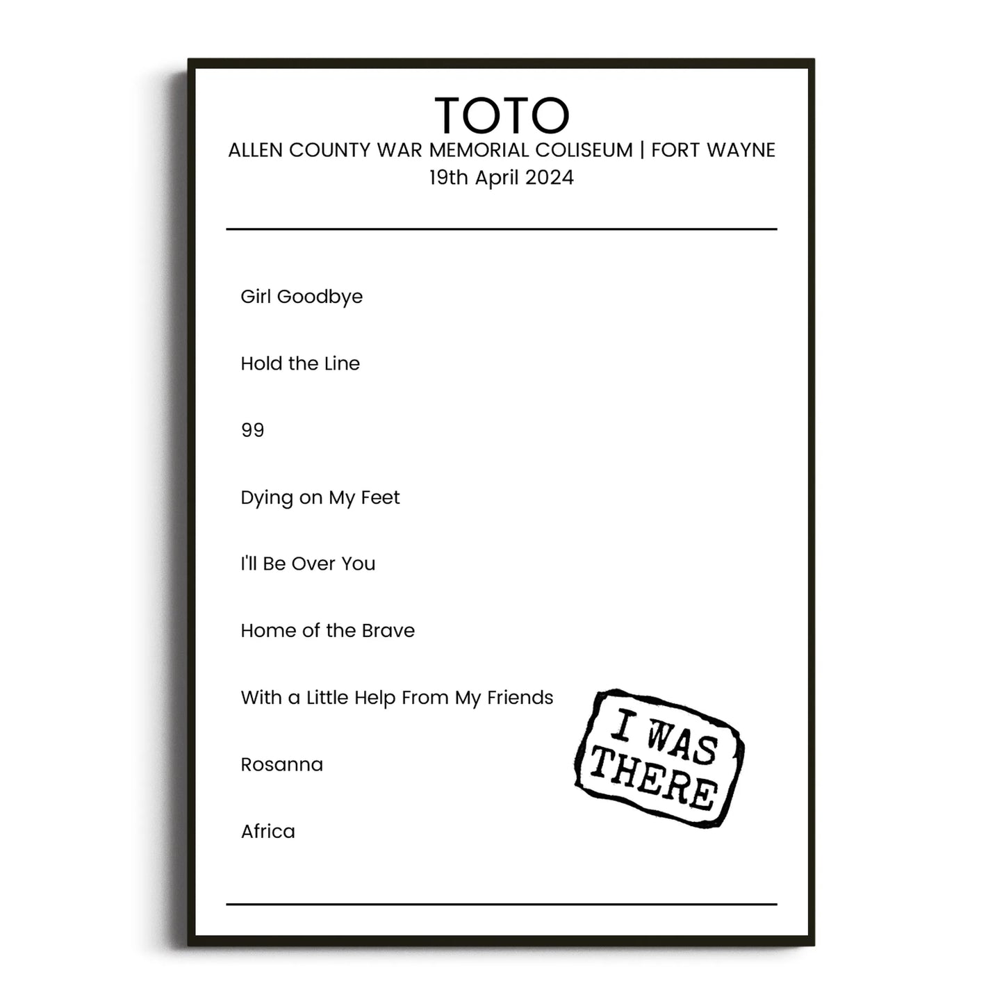 Toto Fort Wayne 19 April 2024 Setlist Poster