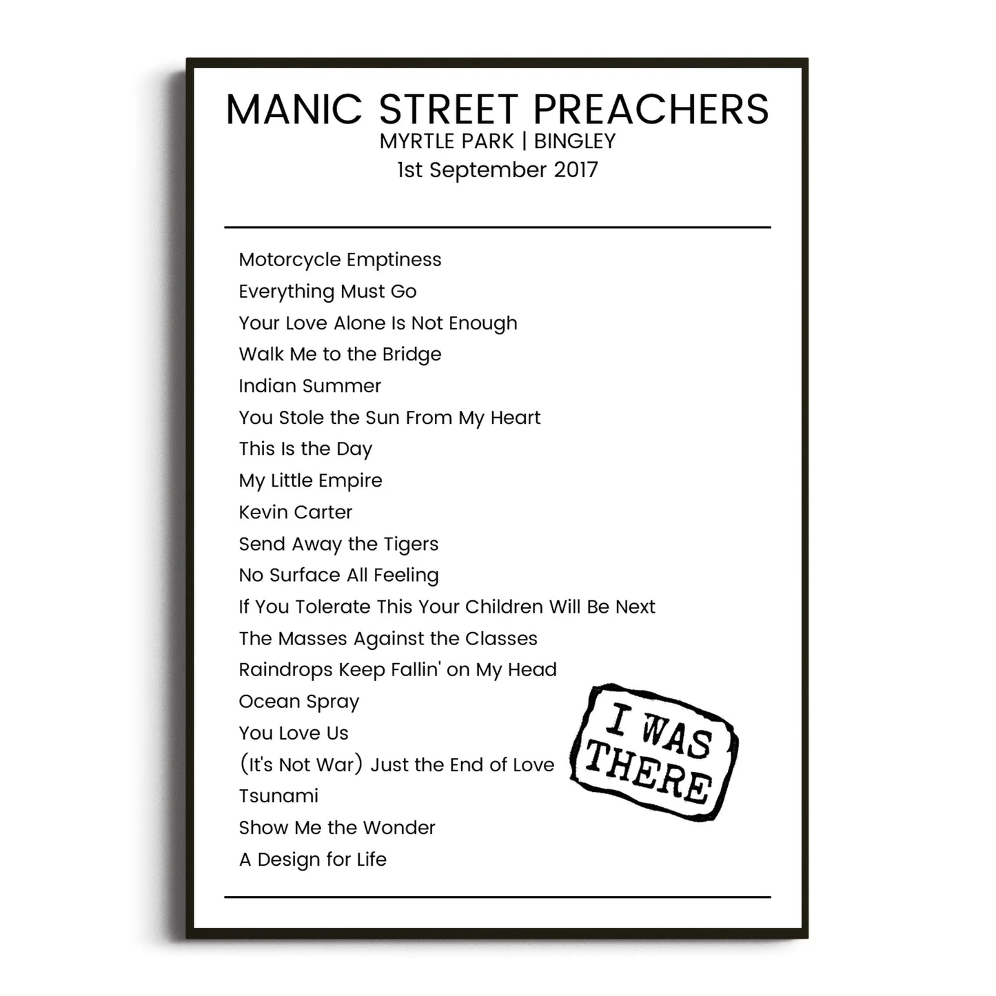 Manic Street Preachers Bingley 01 September 2017 Setlist Poster