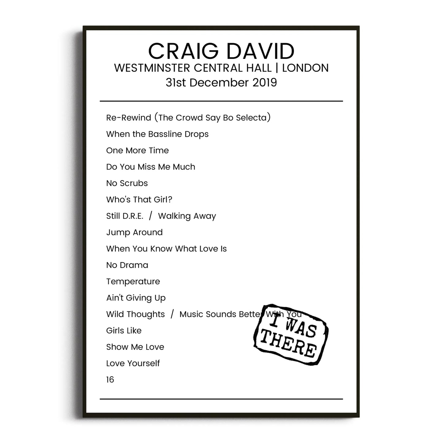 Craig David London 31 December 2019 Setlist Poster