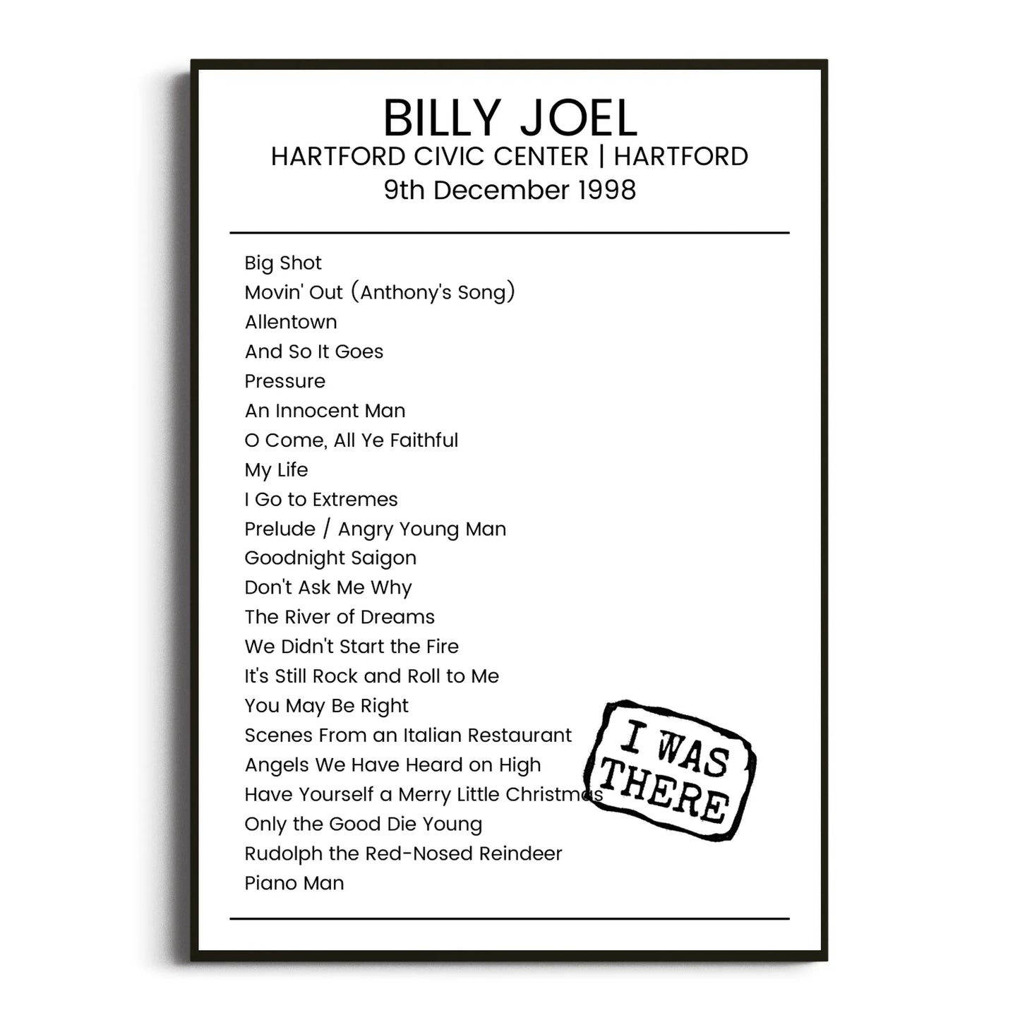 Billy Joel Hartford 09 December 1998 Setlist Poster