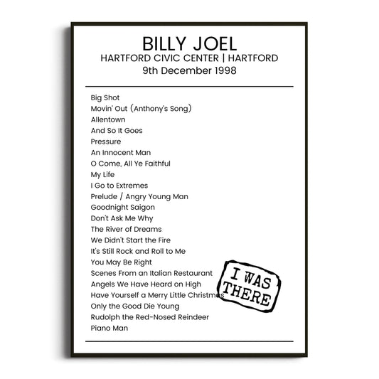 Billy Joel Hartford 09 December 1998 Setlist Poster