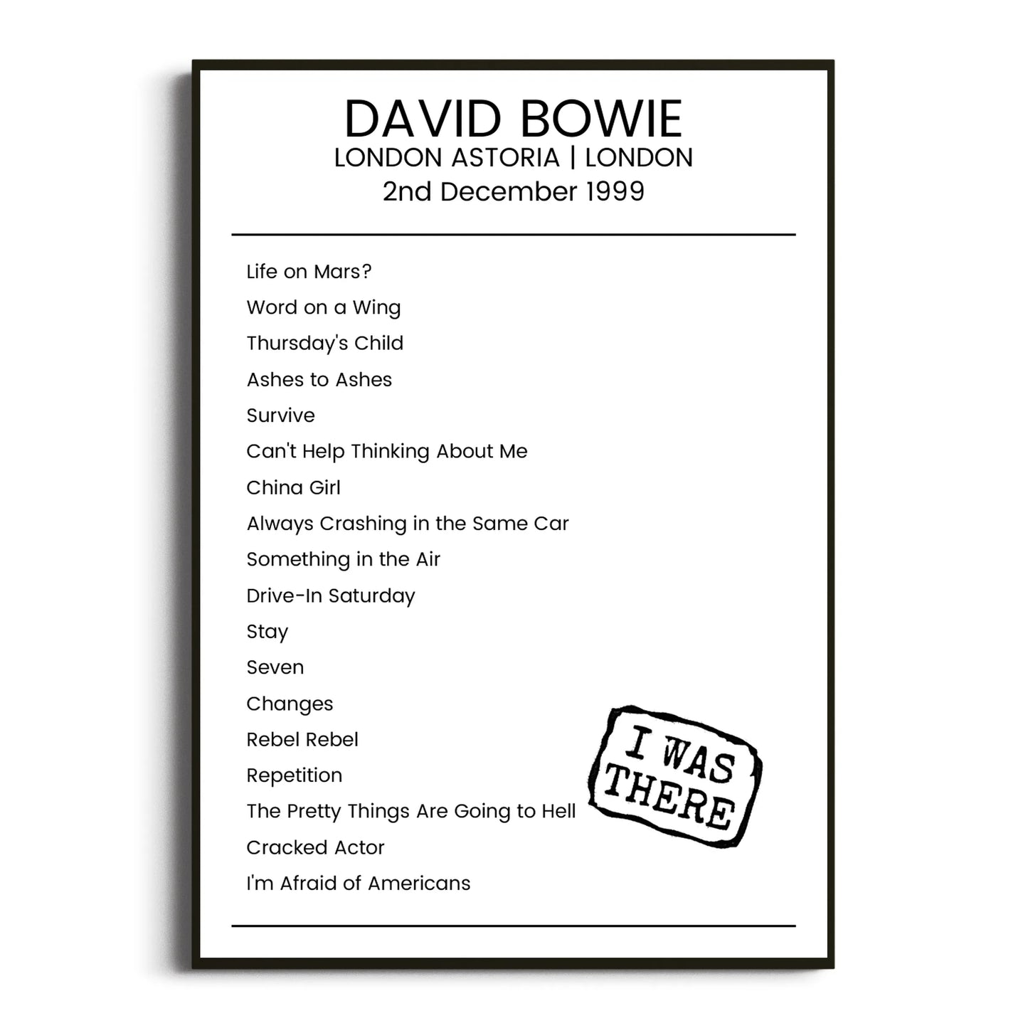 David Bowie London 02 December 1999 Setlist Poster