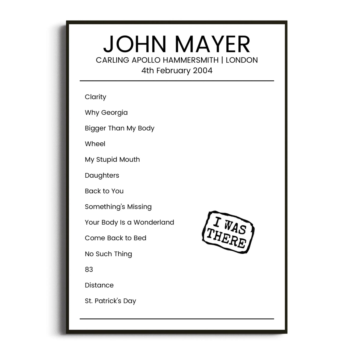 John Mayer London 04 February 2004 Setlist Poster