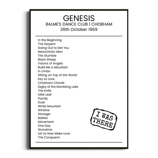 Genesis Chobham 26 October 1969 Setlist Poster