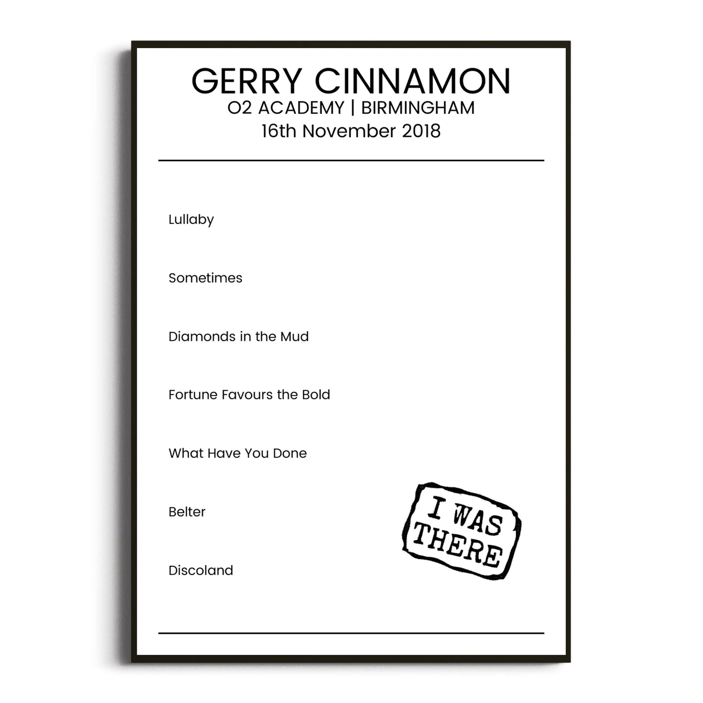 Gerry Cinnamon Birmingham 16 November 2018 Setlist Poster