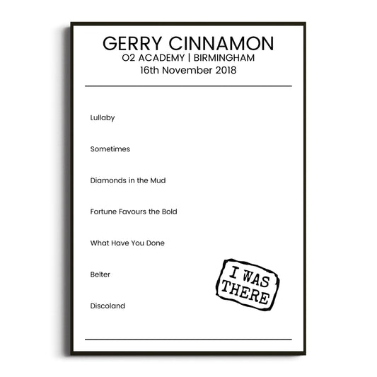 Gerry Cinnamon Birmingham 16 November 2018 Setlist Poster