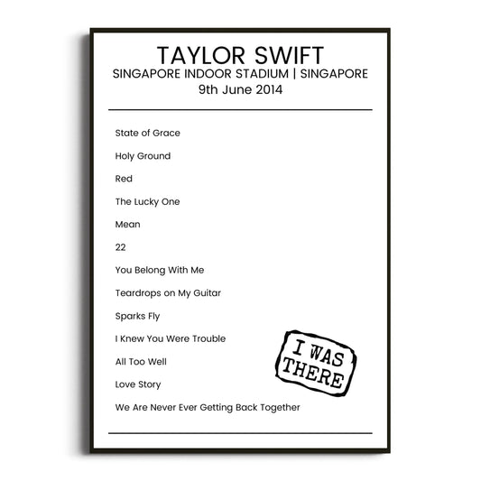 Taylor Swift Singapore 09 June 2014 Setlist Poster