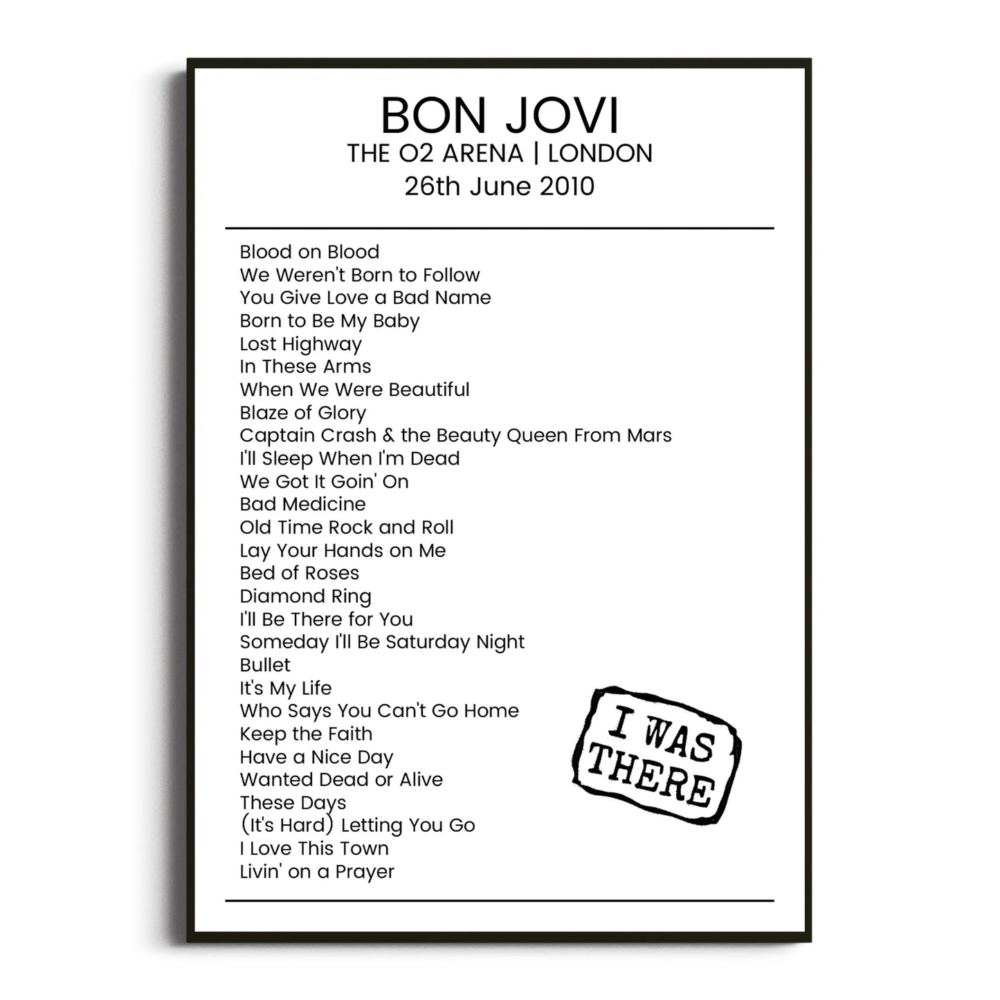 Bon Jovi London 26 June 2010 Setlist Poster