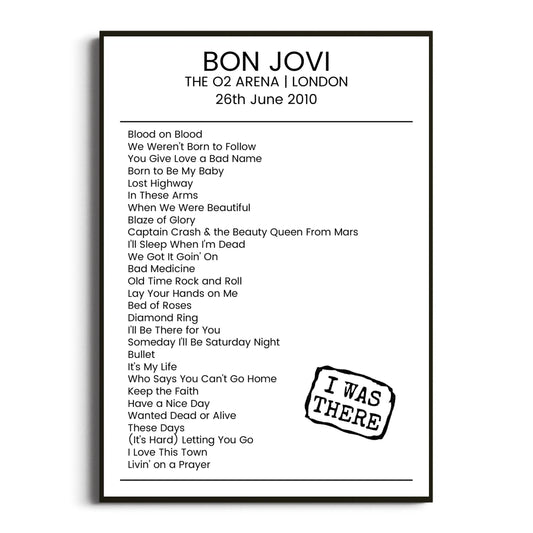 Bon Jovi London 26 June 2010 Setlist Poster