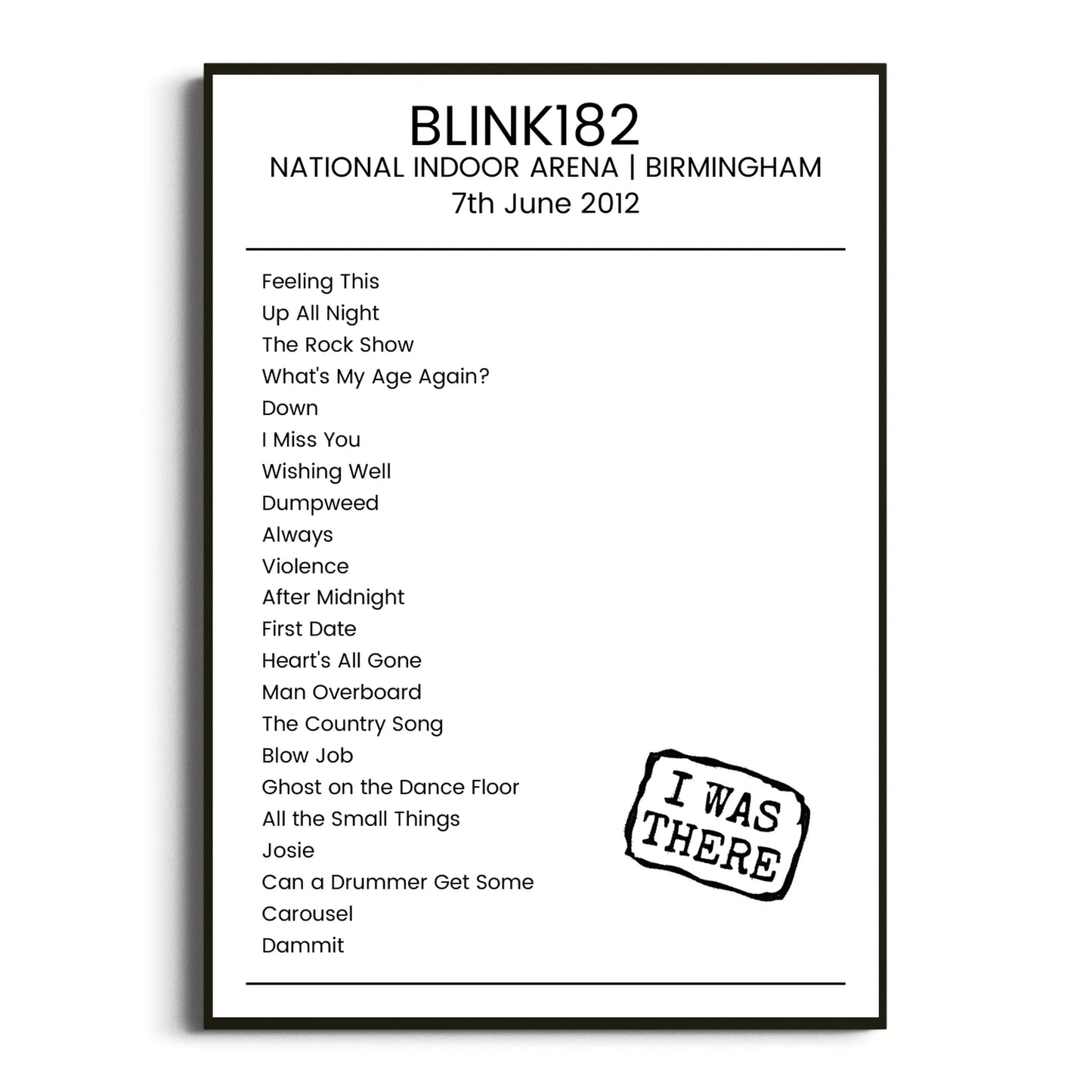 blink‐182 Birmingham 07 June 2012 Setlist Poster